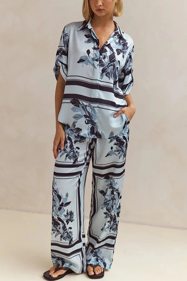 Fashionable Plant Print Loose Lapel Short Sleeve Shirt and Casual Elastic Waist Pocket Pants Set Blue