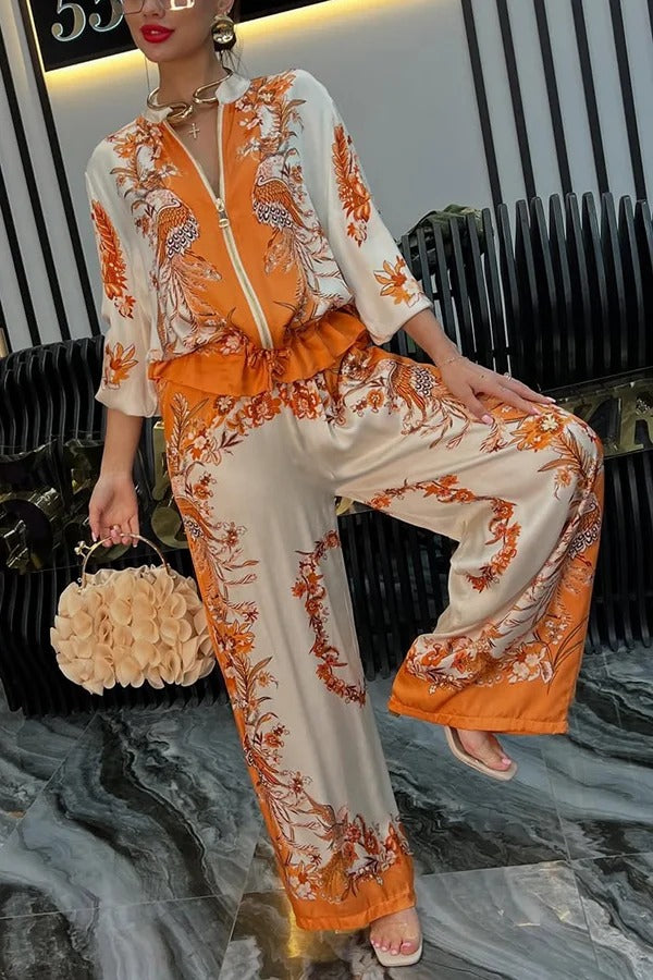 Unique Printed Casual Long-sleeved Loose Top and Elastic Waist Pocket Wide-leg Pants Set