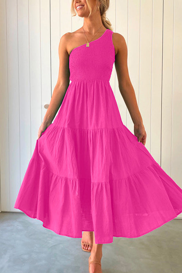 One Shoulder Sleeveless Smocked Ruffle Tiered Maxi Dress Pink