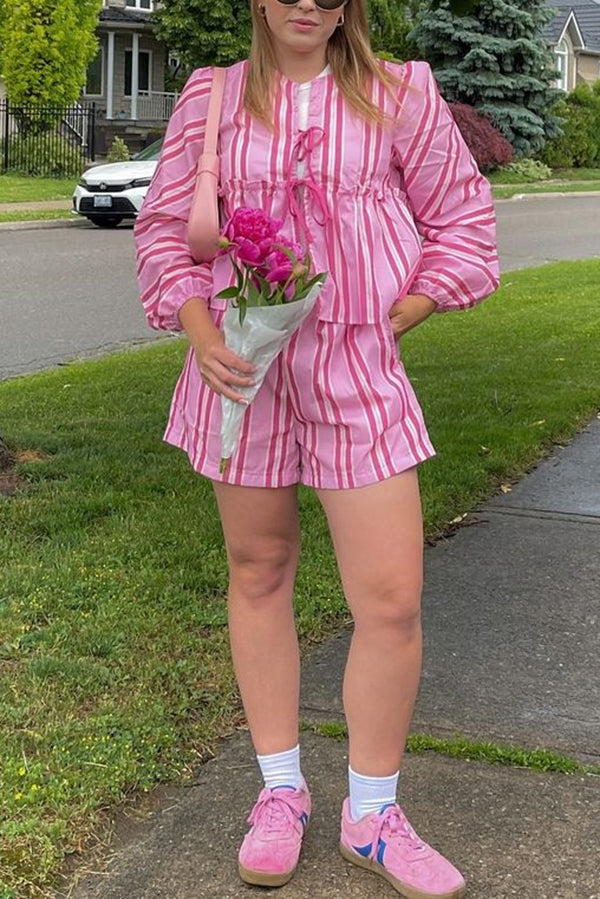 Stylish Striped Print V-neck Tie Top and Elastic Waist Loose Shorts Set Pink