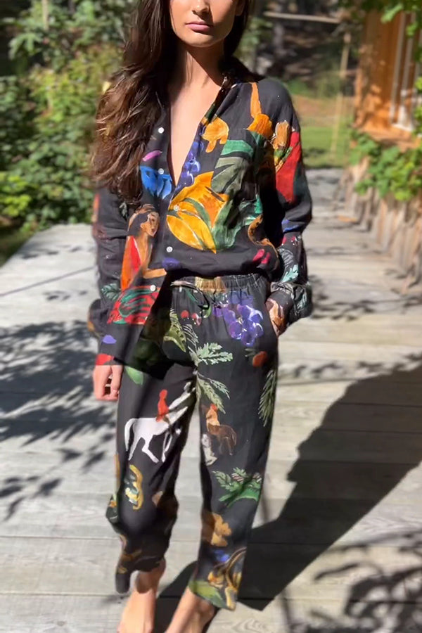 Unique Print Lapel Long Sleeve Loose Shirt and Elastic Waist Pocket Wide Leg Pants Set Black
