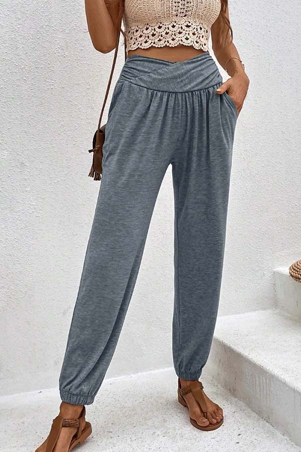 Temperament casual loose pocket high waist trousers Blue