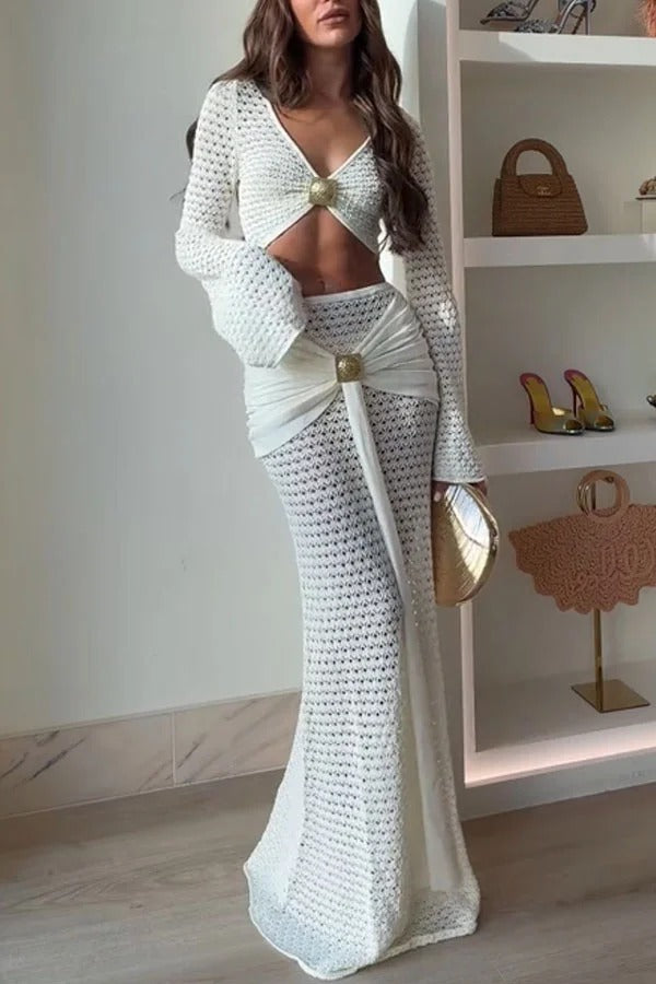 Mania Knit Hardware Detail Bell Sleeve Crop Top and Gathered Overlay Sash Stretch Maxi Skirt Set