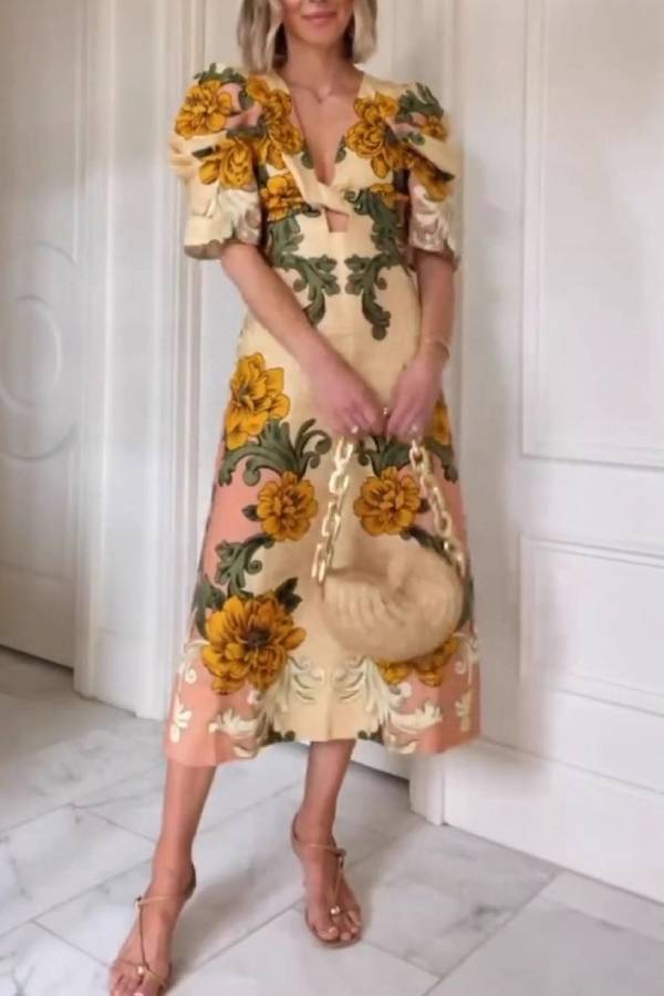 V-Neck Twist Cutout Puff Sleeve Retro Floral Print Midi Dress