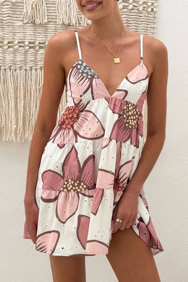 Resort-Style Large Floral V-Neck Spaghetti Straps Layered A-Line Short Dress