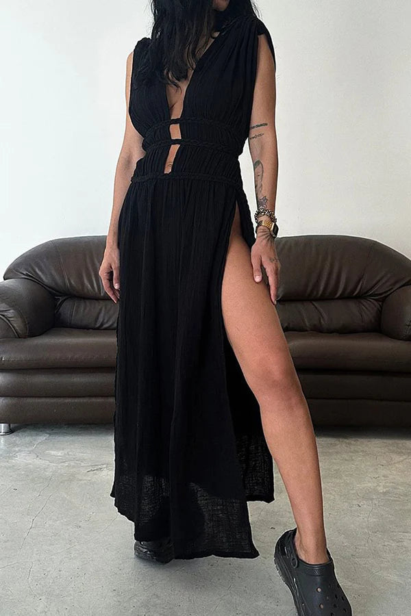 Boho with Elegance Linen Blend Braids Belt Cutout Slit Kaftan Maxi Dress Black