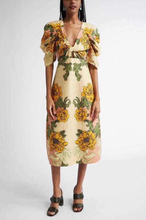 V-Neck Twist Cutout Puff Sleeve Retro Floral Print Midi Dress