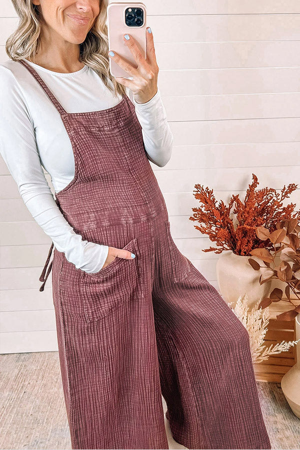 Red Textured Shoulder Straps Pocketed Overalls