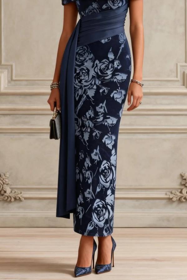 Blue Floral Split Joint Ruched Velvet One Shoulder Short Sleeve Bodycon Maxi Dress