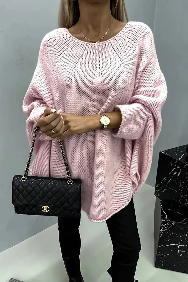 Remember Me Knit Crew Neck Poncho Loose Sweater Pink