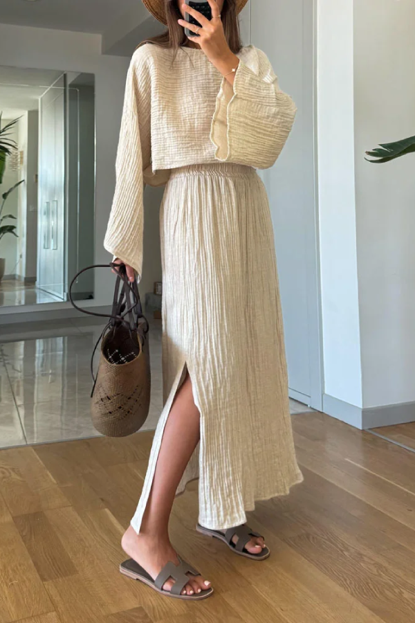 Casual Holiday Trumpet Sleeve Top & Split Skirt Two-Piece Set Apricot