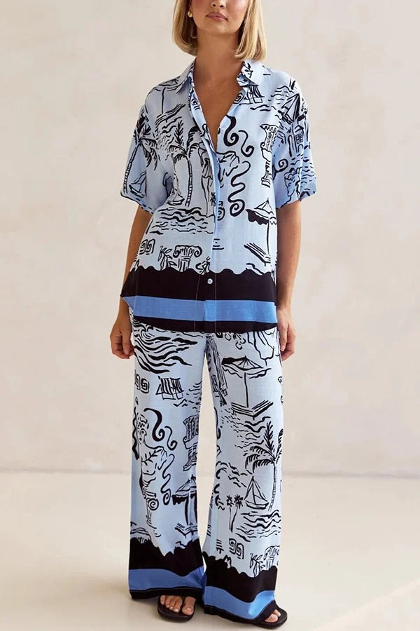 Fashionable Plant Print Loose Lapel Short Sleeve Shirt and Casual Elastic Waist Pocket Pants Set