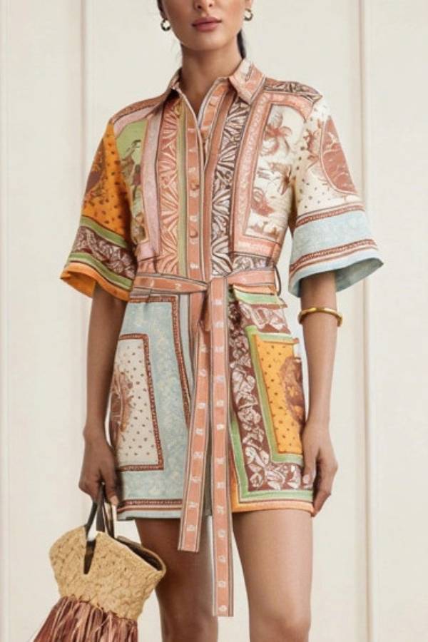 Patchwork Tropical Print Tie-Waist Shirt Mini Dress