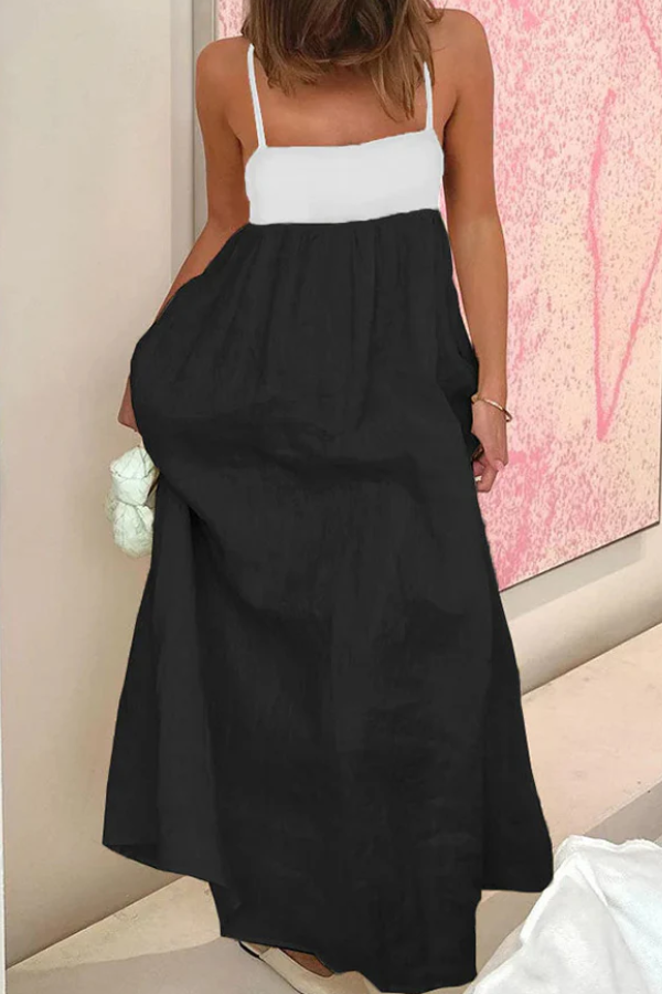 Linen Blend Sexy Sling Backless Contrast Maxi Dress Black