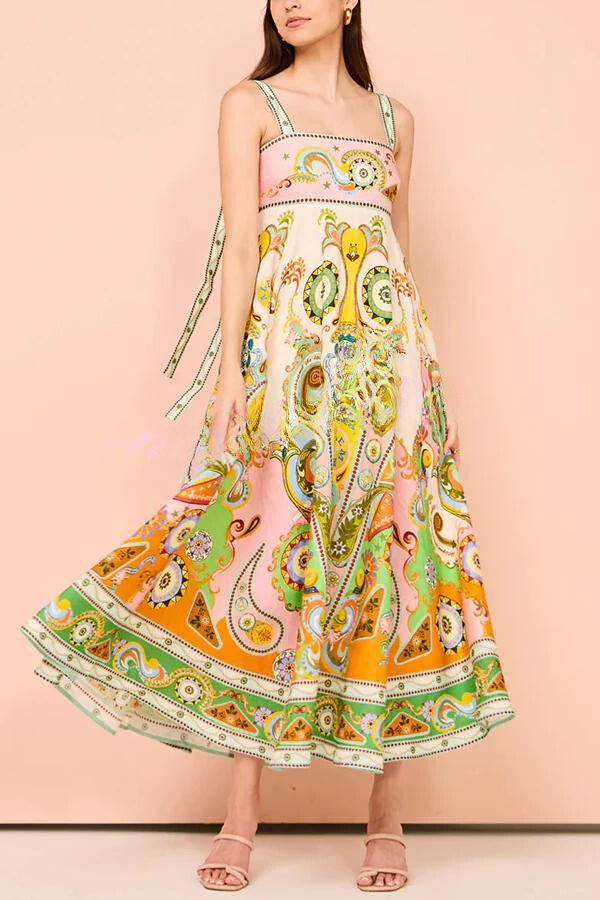 Summer Serenade Linen Blend Unique Print Tie-up Strap Smocked Pocketed Maxi Dress Multicolor