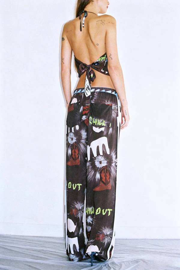 Street-style Print Cowl Neck Halter Tank and Elastic Waist Side Stripes Loose Pants Set