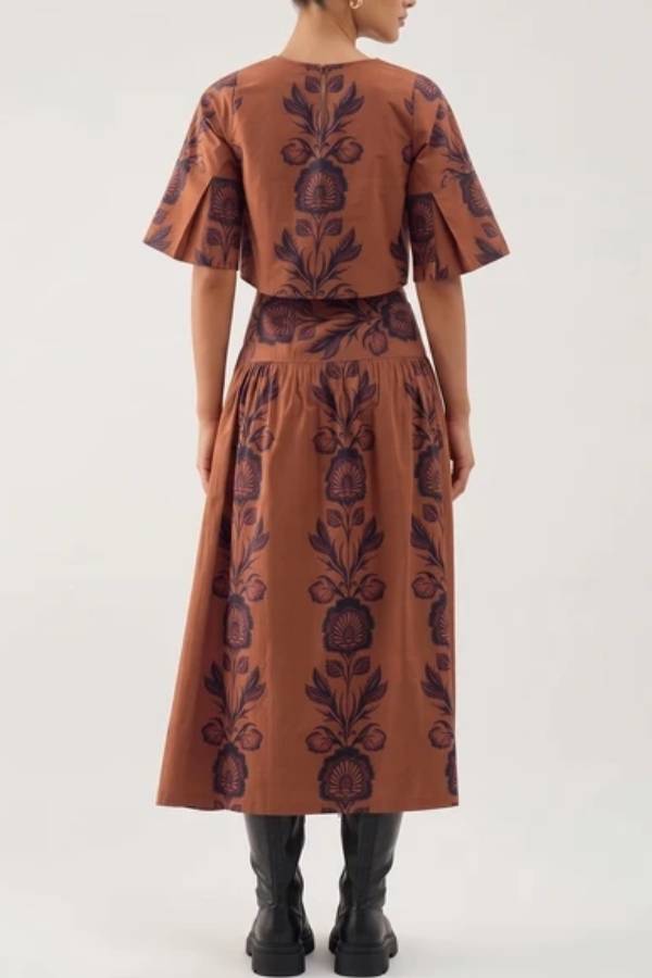Folk Floral Print Fit-and-Flare Midi Dress