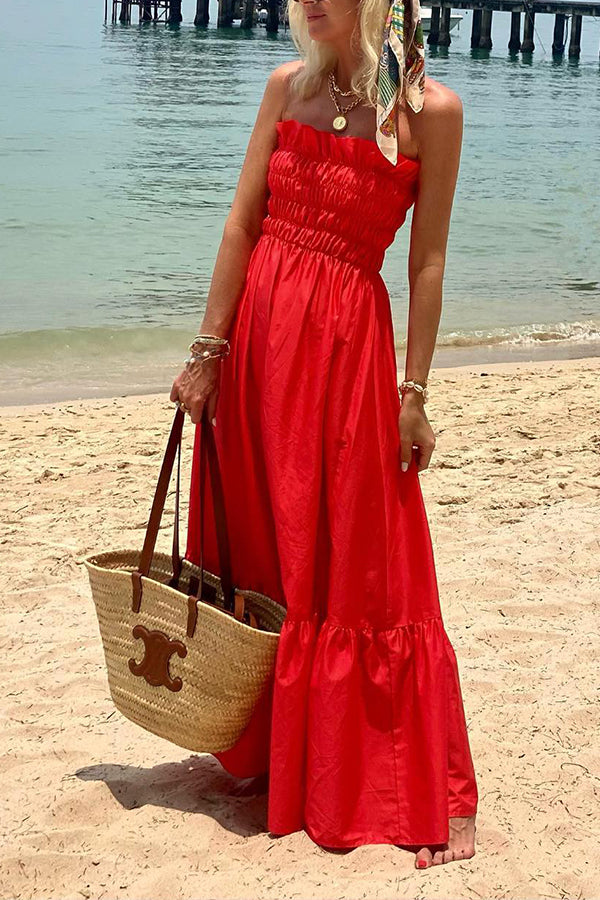 Passionate Beach Pleated Bandeau Resort Long Dress Red