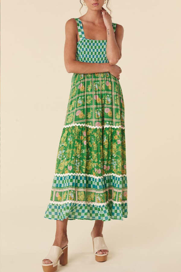 Unique Print Smocked Bust Back Lace-up Maxi Dress Green