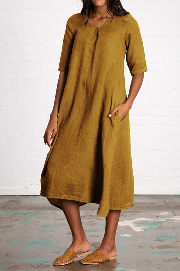 Round Neck Half Sleeve Long Solid Color Casual Cotton Linen Dress Yellow