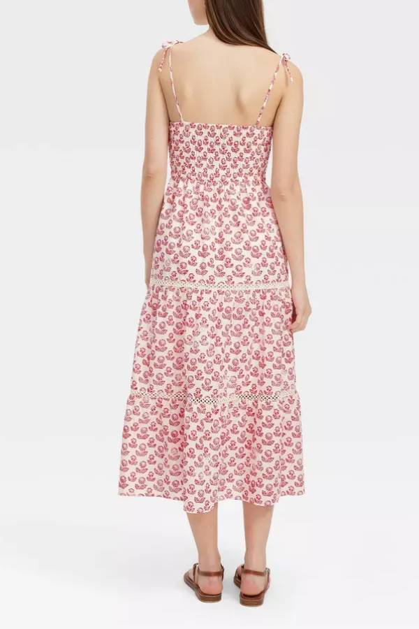 Red Floral Print Tie-Strap Lace Tiered Midi Dress