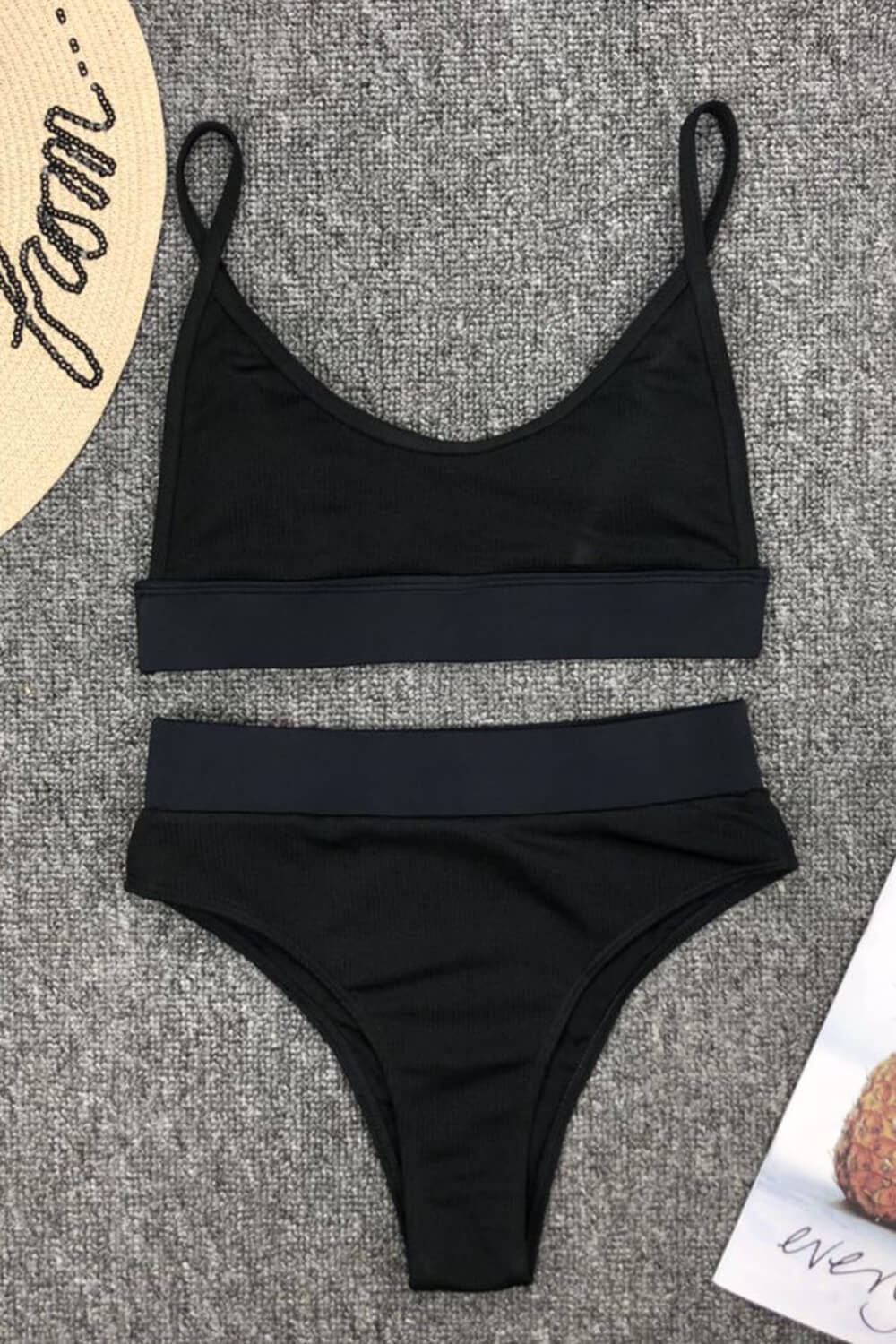 Black Ribbed High Waisted Bikini Bottom