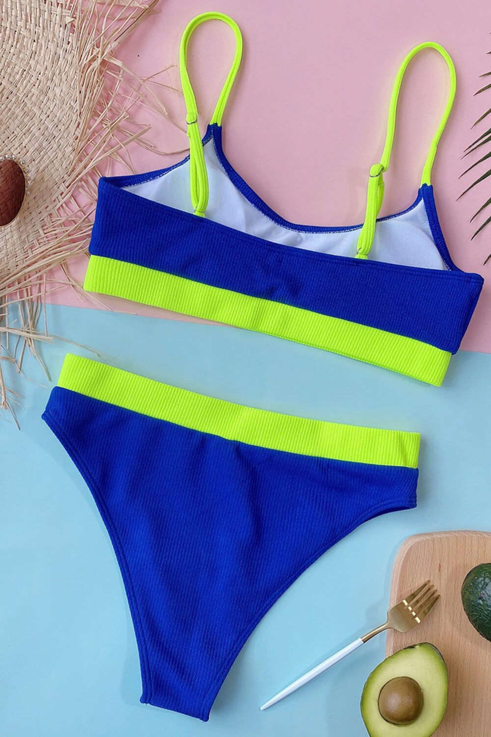 Neon Blue Blocked Rib Sporty Bikini Top