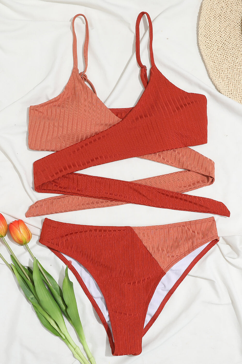 Red Rib Colorblock High-Waist Bikini Bottoms