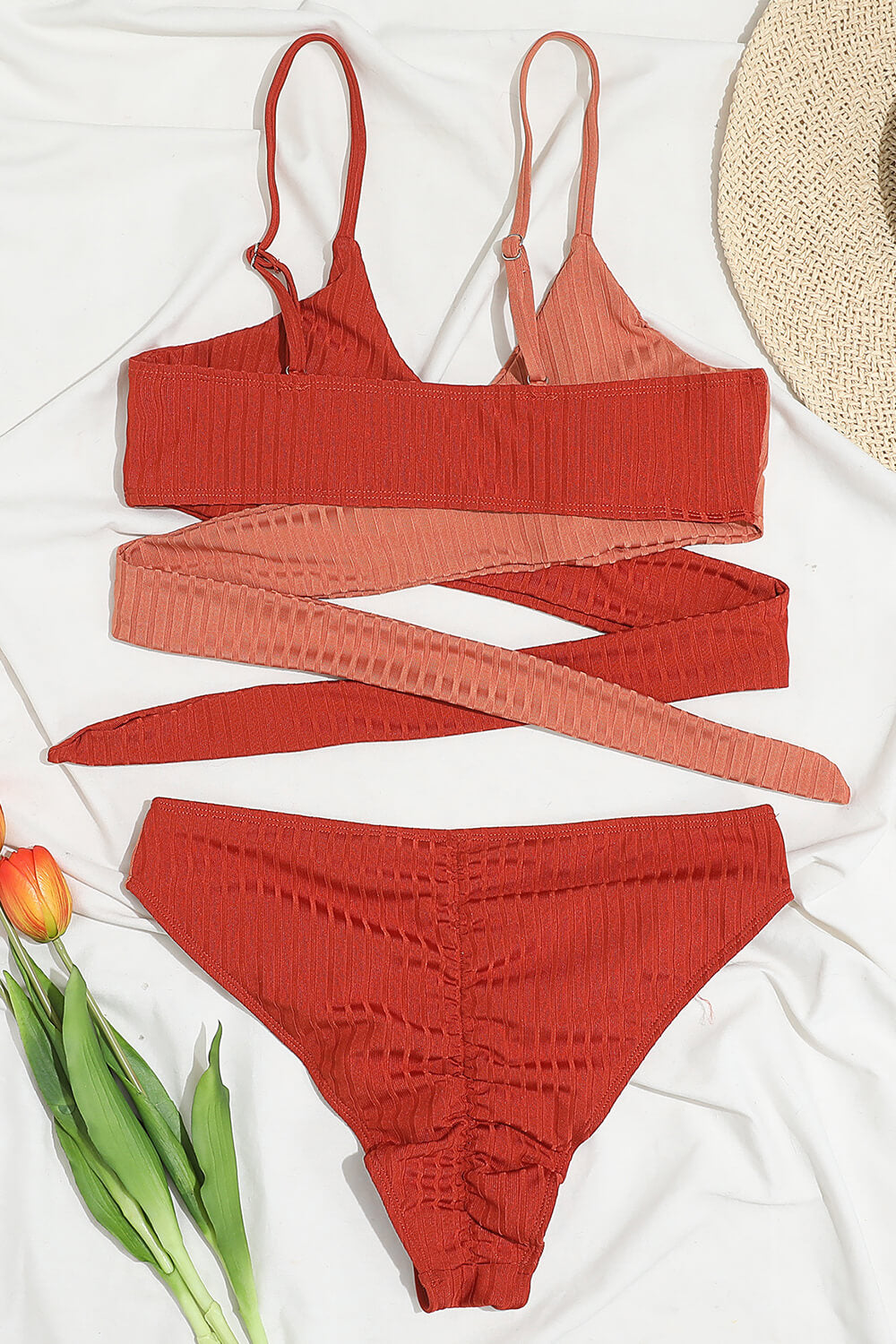 Red Rib Colorblock High-Waist Bikini Bottoms