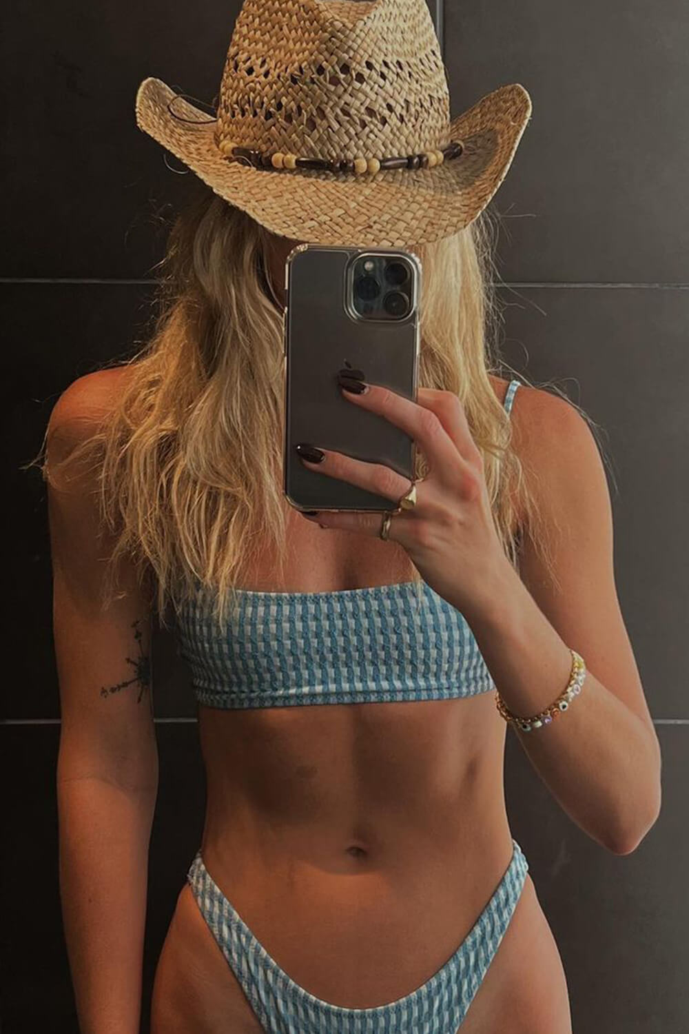 Blue Check Textured Bikini Bottoms