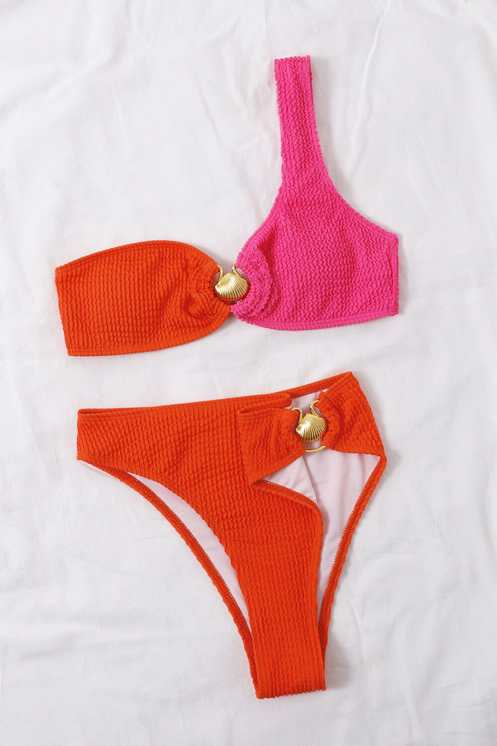 Color Block Crinkle One Shoulder High Waisted Bikini Set With Gold Shell Detail