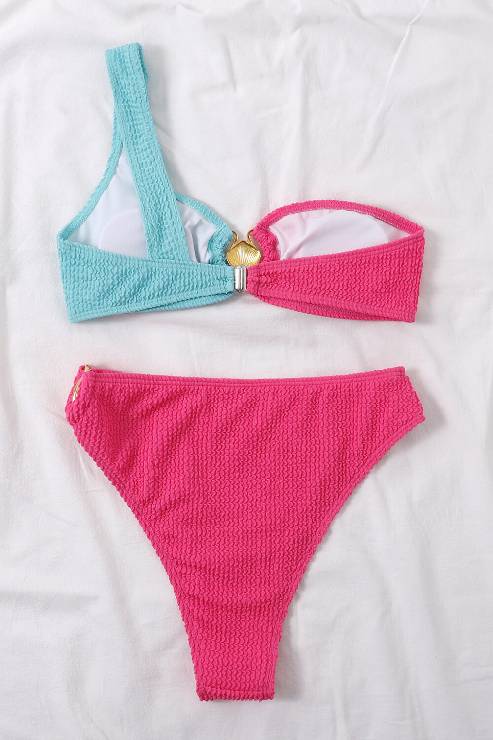 Color Block Crinkle One Shoulder High Waisted Bikini Set With Gold Shell Detail