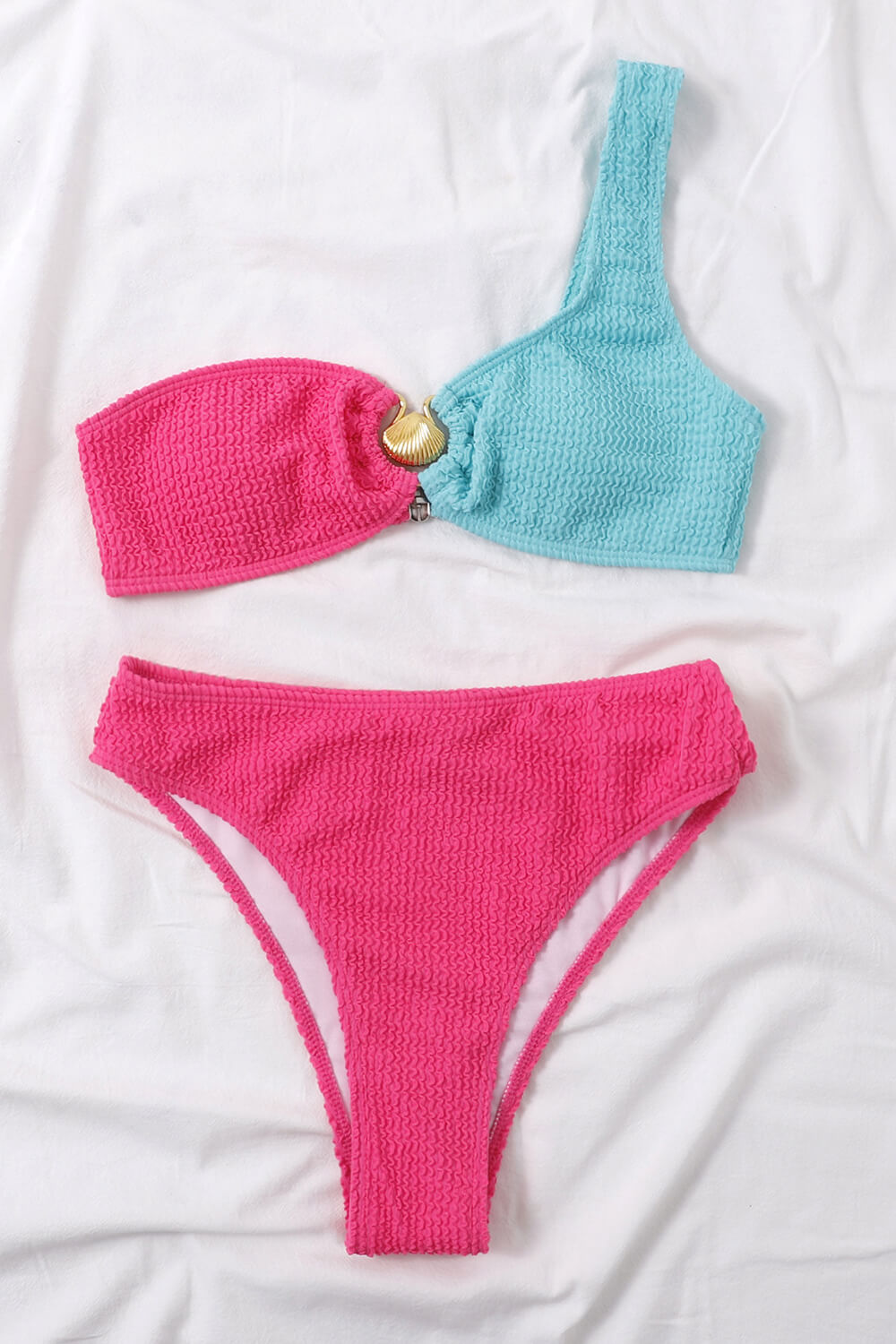 Color Block Crinkle One Shoulder High Waisted Bikini Set With Gold Shell Detail Hot Pink & Blue