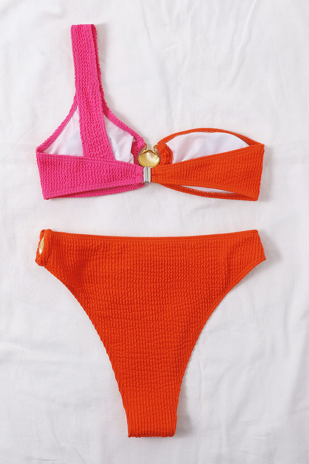 Color Block Crinkle One Shoulder High Waisted Bikini Set With Gold Shell Detail