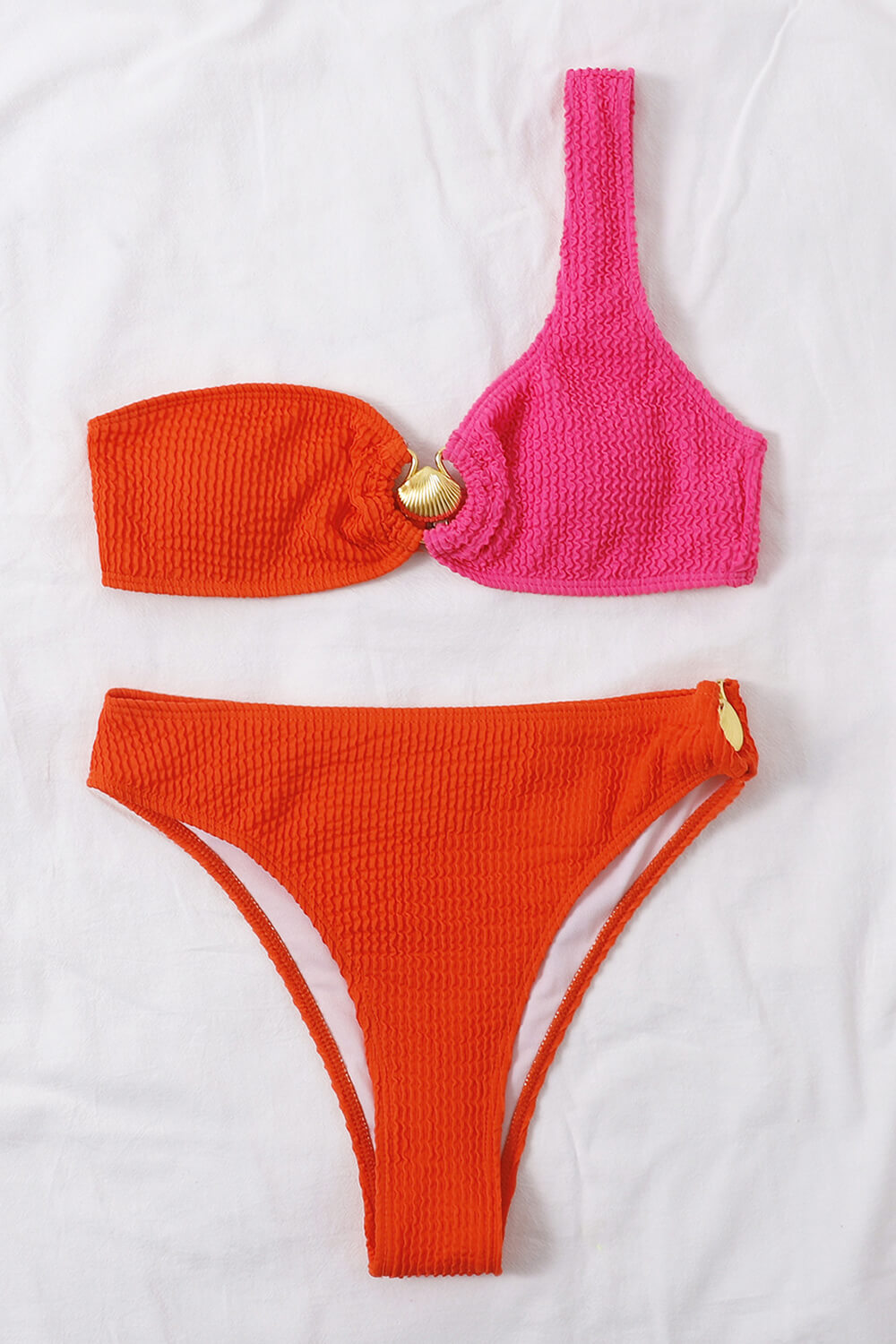 Color Block Crinkle One Shoulder High Waisted Bikini Set With Gold Shell Detail