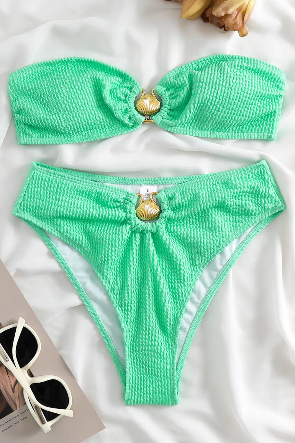 Bandeau Crinkle High Waisted Bikini Set With Gold Shell Detail