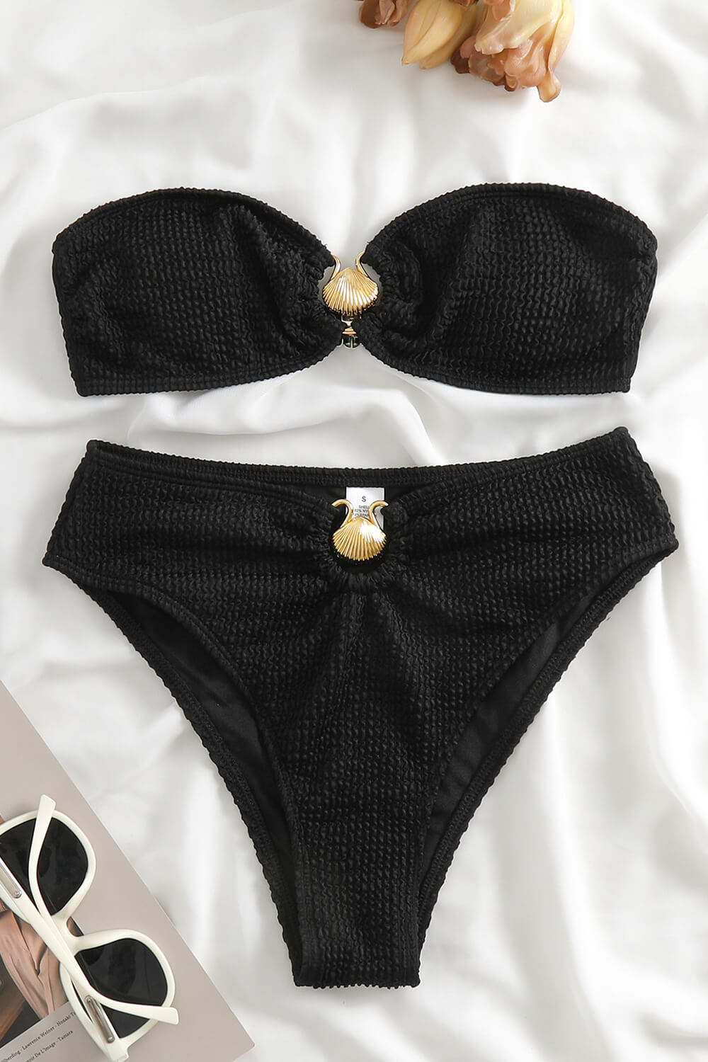 Bandeau Crinkle High Waisted Bikini Set With Gold Shell Detail