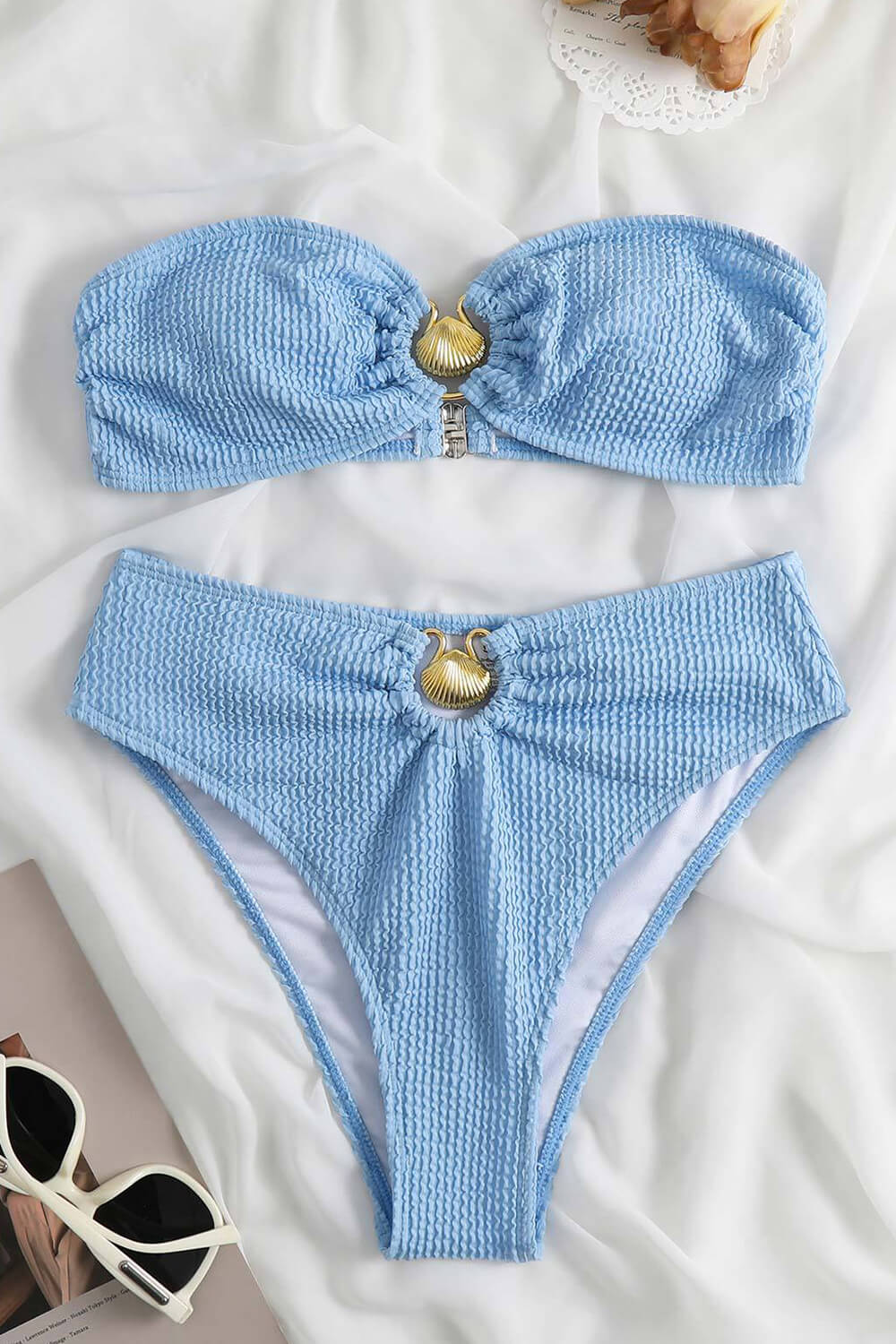Bandeau Crinkle High Waisted Bikini Set With Gold Shell Detail