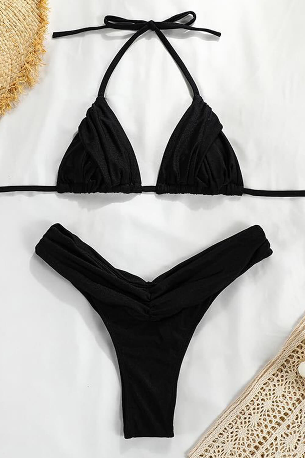 Ruched Triangle Tie Back High-Cut Leg Bikini Set