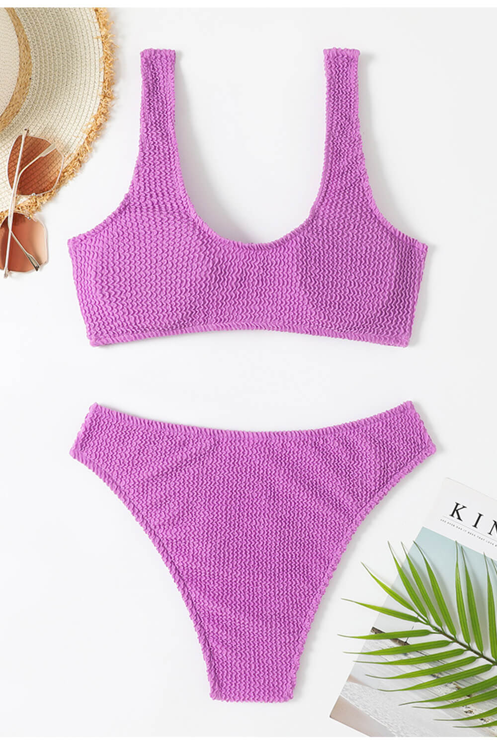 Crinkle Twist-Front Cropped High Leg Bikini Set