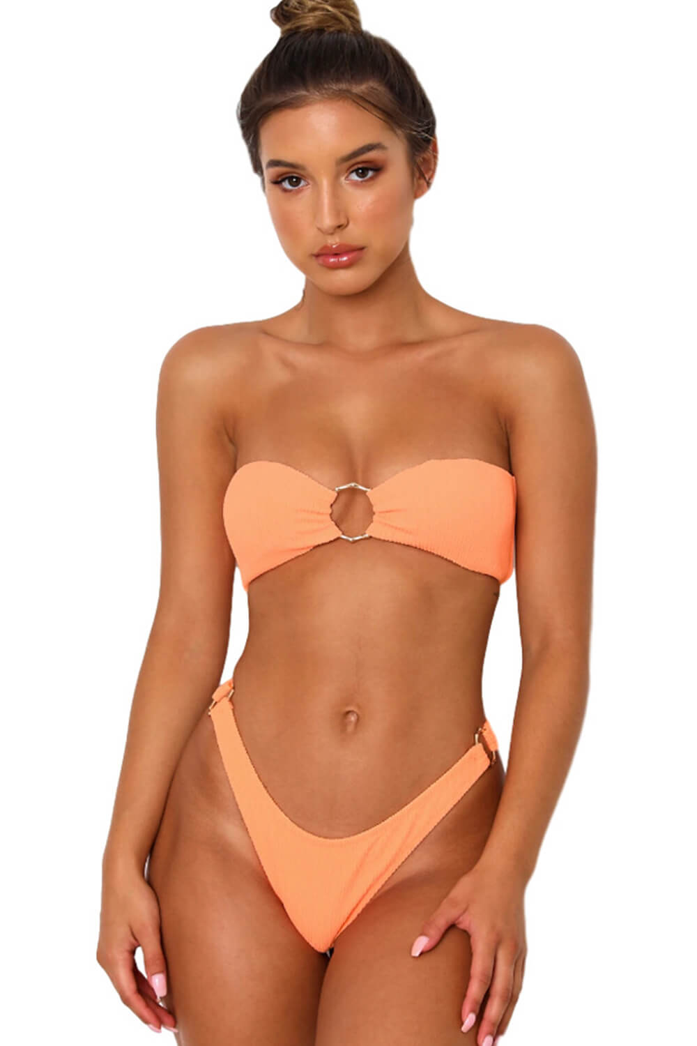Ribbed Bandeau High Leg Bikini Set With O-Ring Detail
