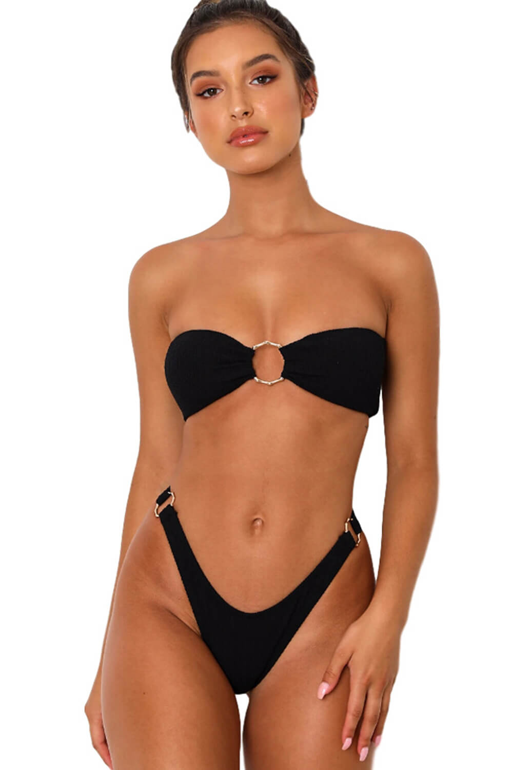 Ribbed Bandeau High Leg Bikini Set With O-Ring Detail