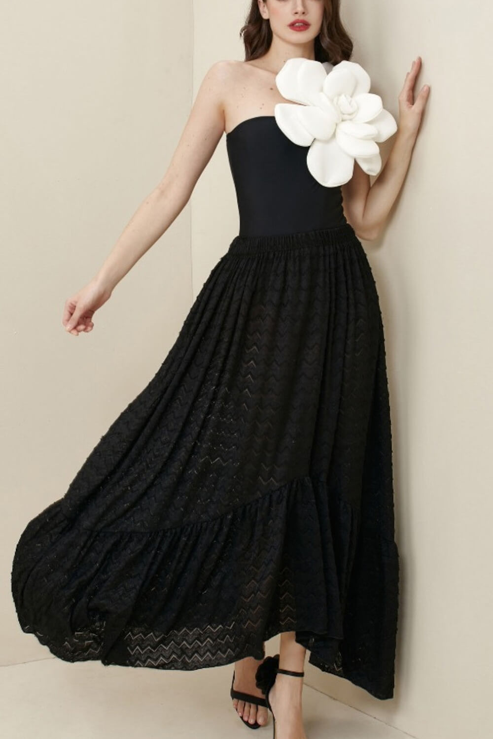 3D Flower One-Shoulder One-Piece Swimsuit - Black