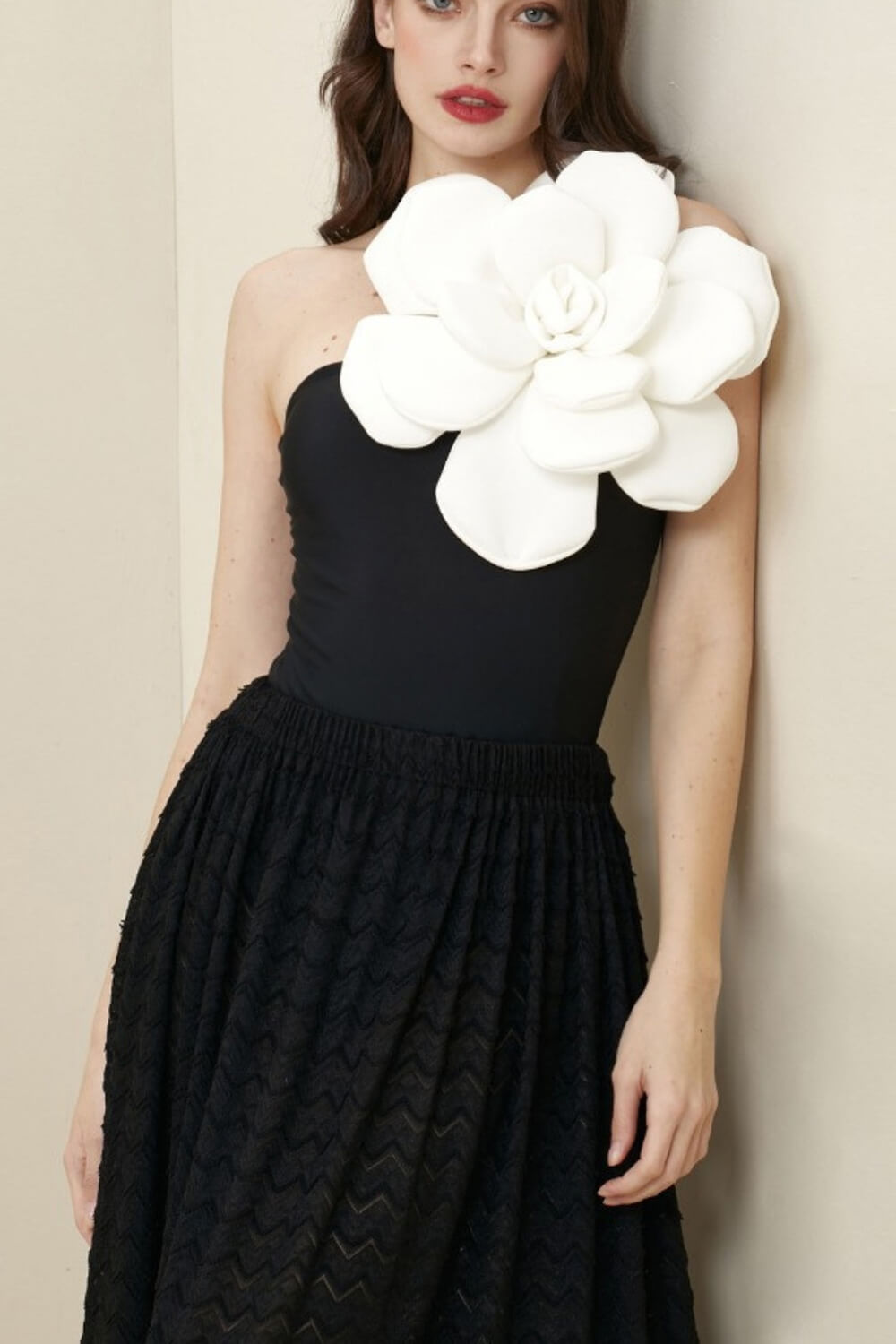 3D Flower One-Shoulder One-Piece Swimsuit - Black