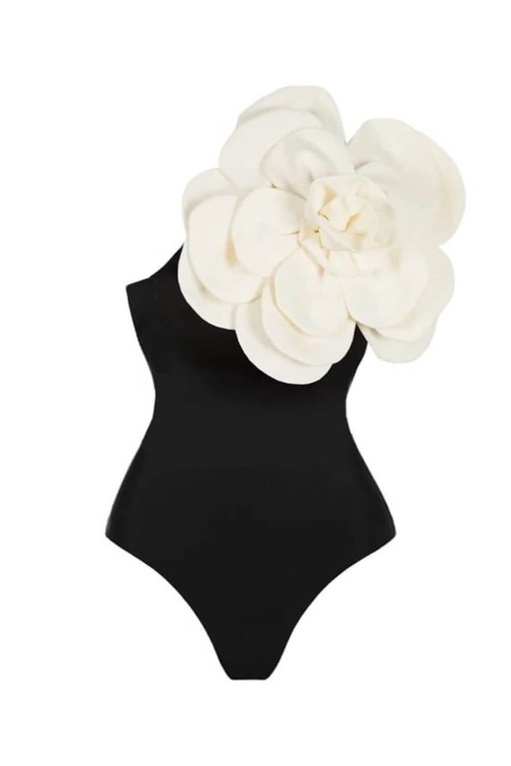 3D Flower One-Shoulder One-Piece Swimsuit - Black