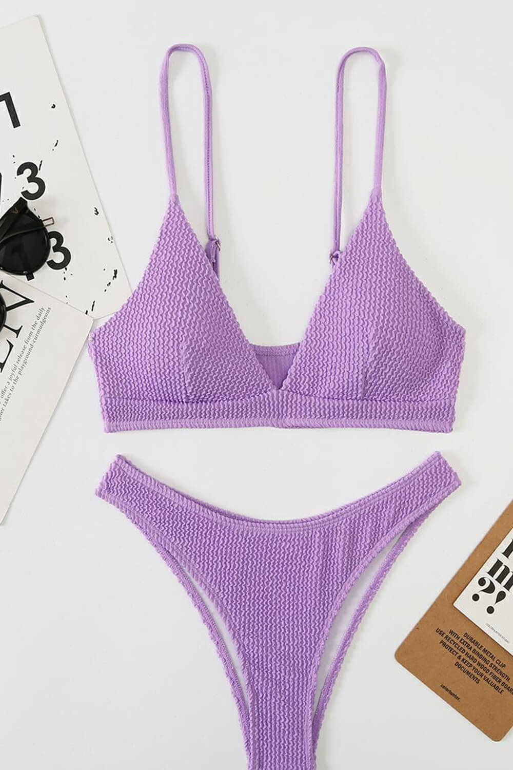 Crinkle V-Neck Bralette High-Cut Bikini Set Plum