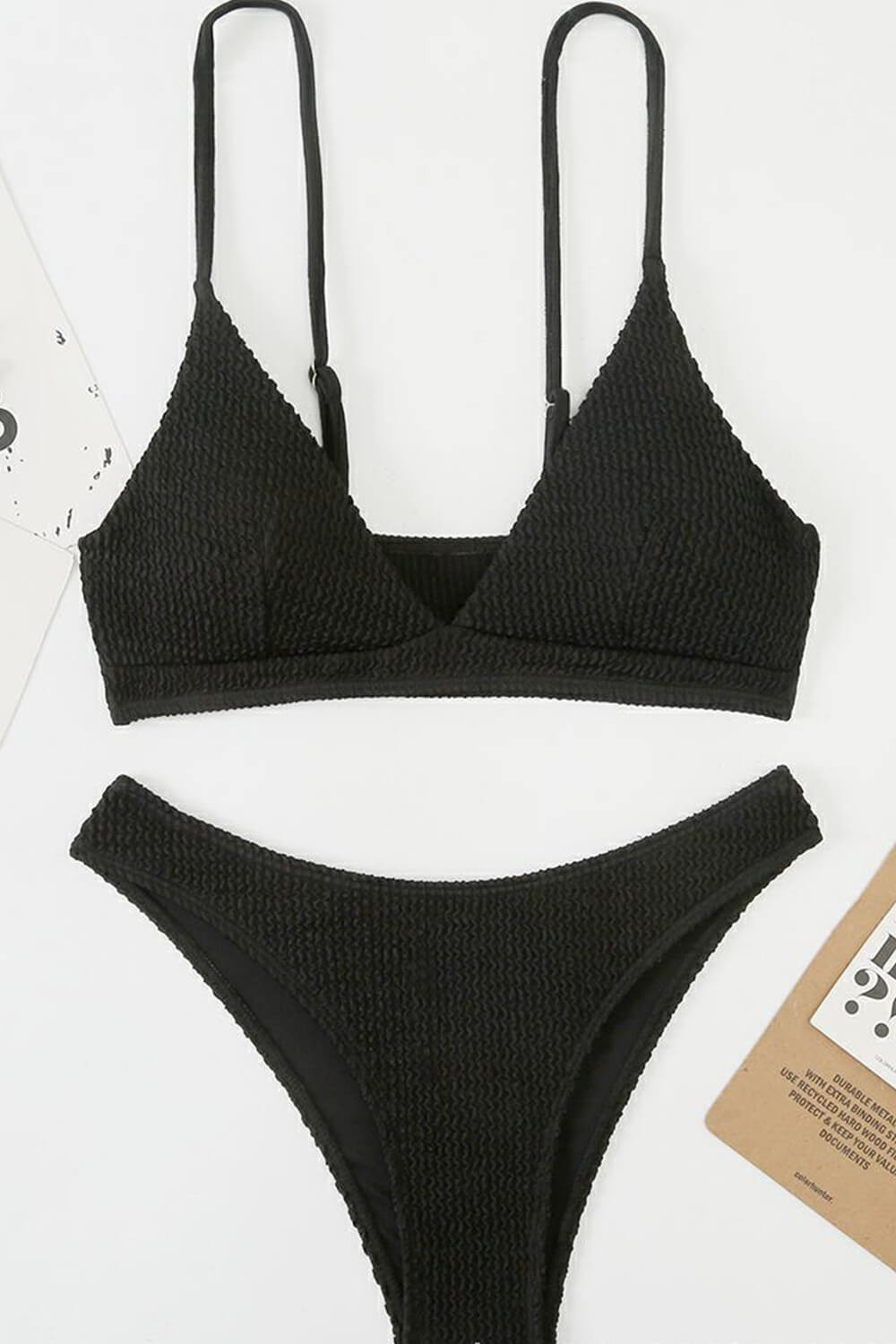 Crinkle V-Neck Bralette High-Cut Bikini Set Black