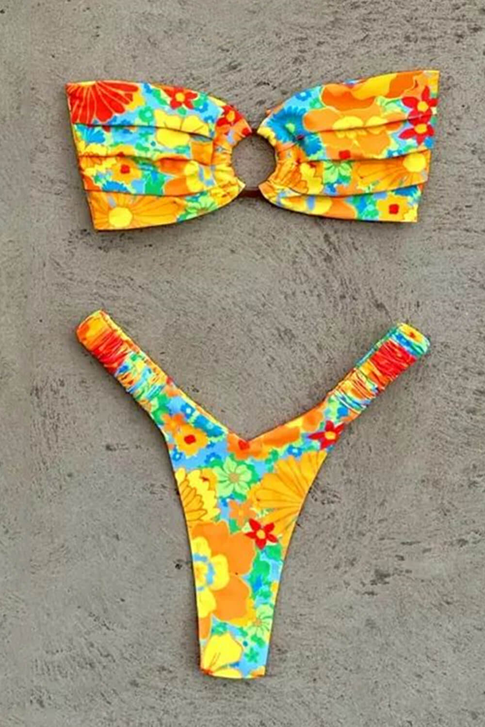 Strapless Bandeau High Cut Bikini Set With Tortoise Shell O-Ring Detail - Rumba Rose