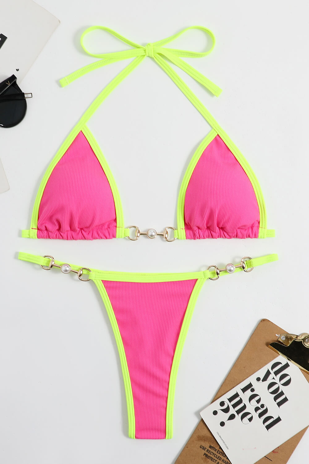 Ribbed Contrast Halter Triangle G-String Brazilian Bikini Set Hot Pink
