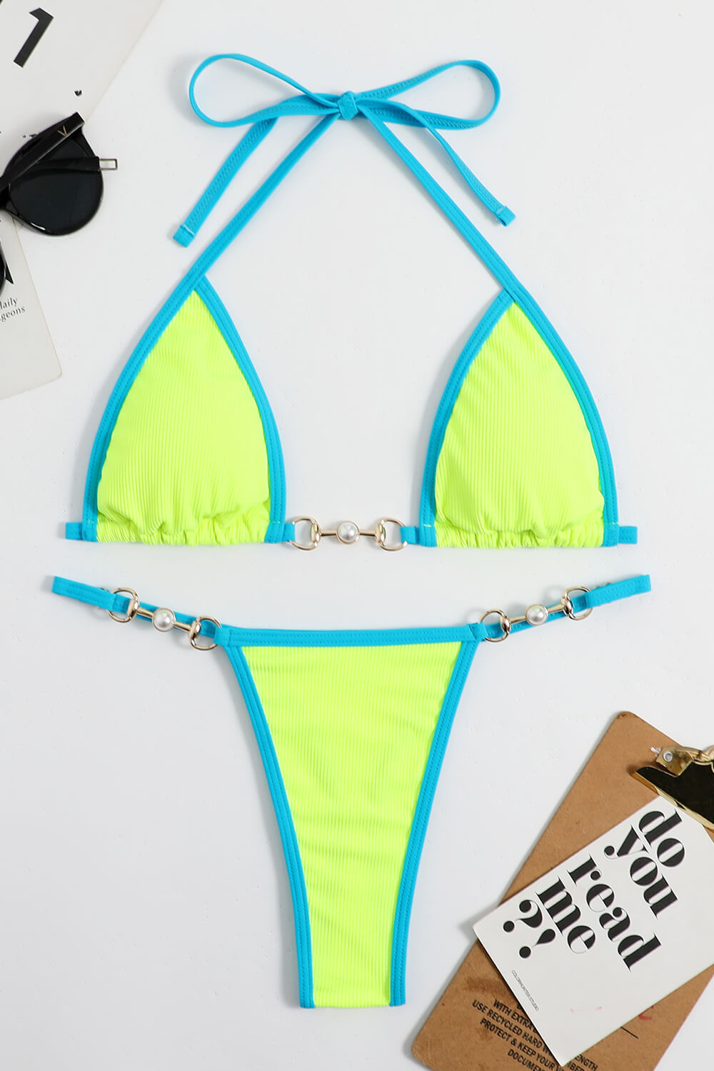 Ribbed Contrast Halter Triangle G-String Brazilian Bikini Set Green